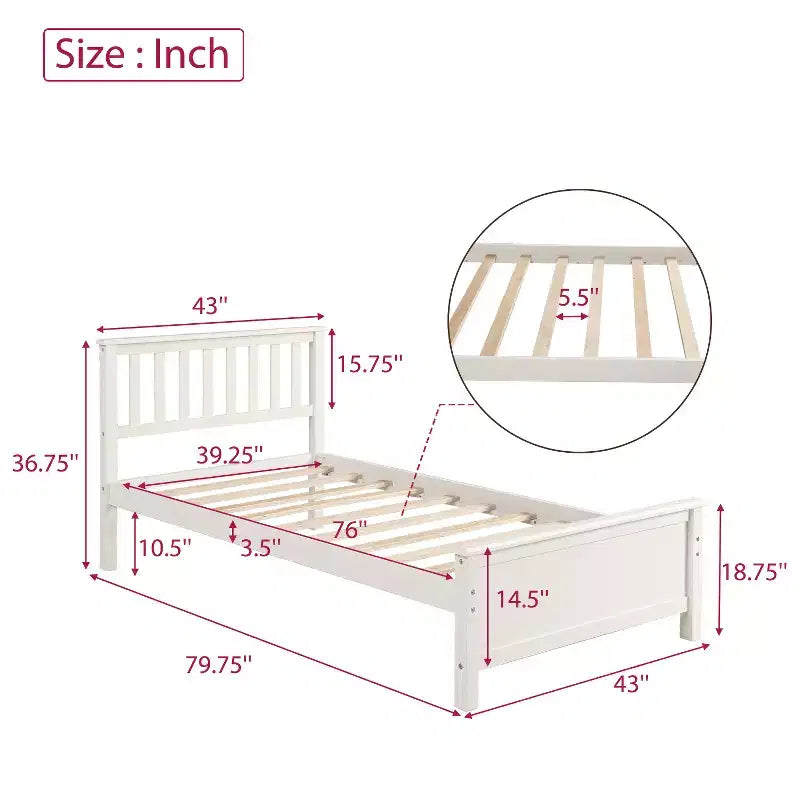 Lit plateforme en bois double avec tête de lit, pied de lit et support à lattes en bois, noyer
