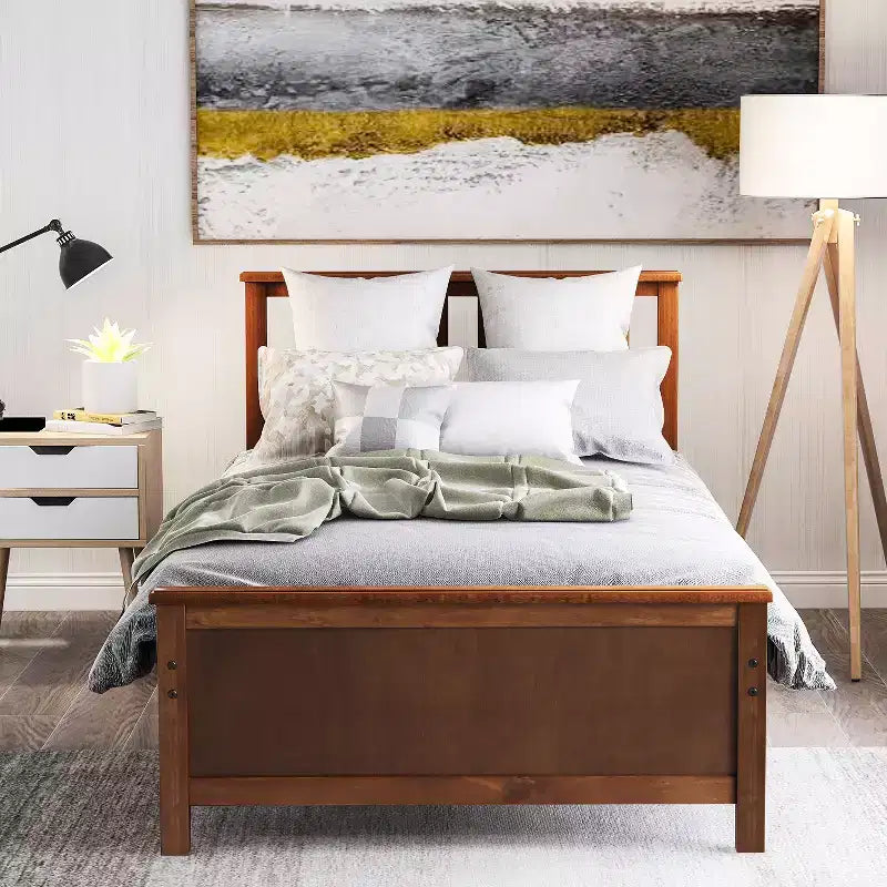 Lit plateforme en bois double avec tête de lit, pied de lit et support à lattes en bois, noyer