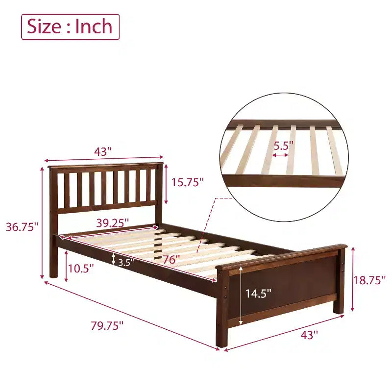 Lit plateforme en bois double avec tête de lit, pied de lit et support à lattes en bois, noyer