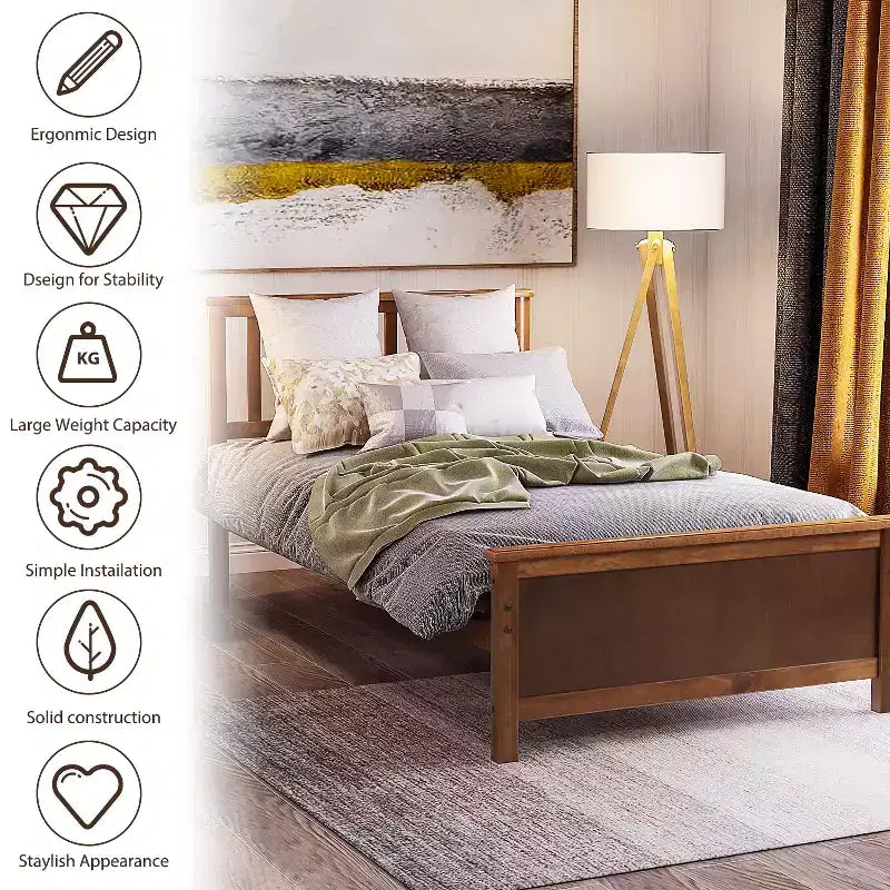 Lit plateforme en bois double avec tête de lit, pied de lit et support à lattes en bois, noyer