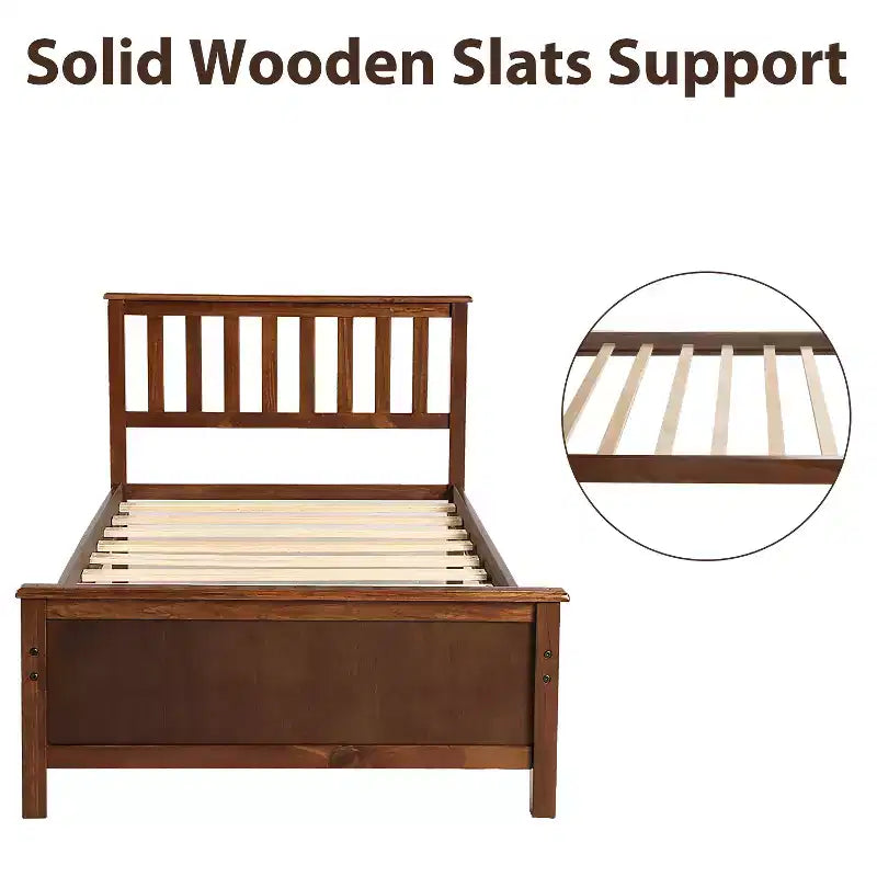 Lit plateforme en bois double avec tête de lit, pied de lit et support à lattes en bois, noyer