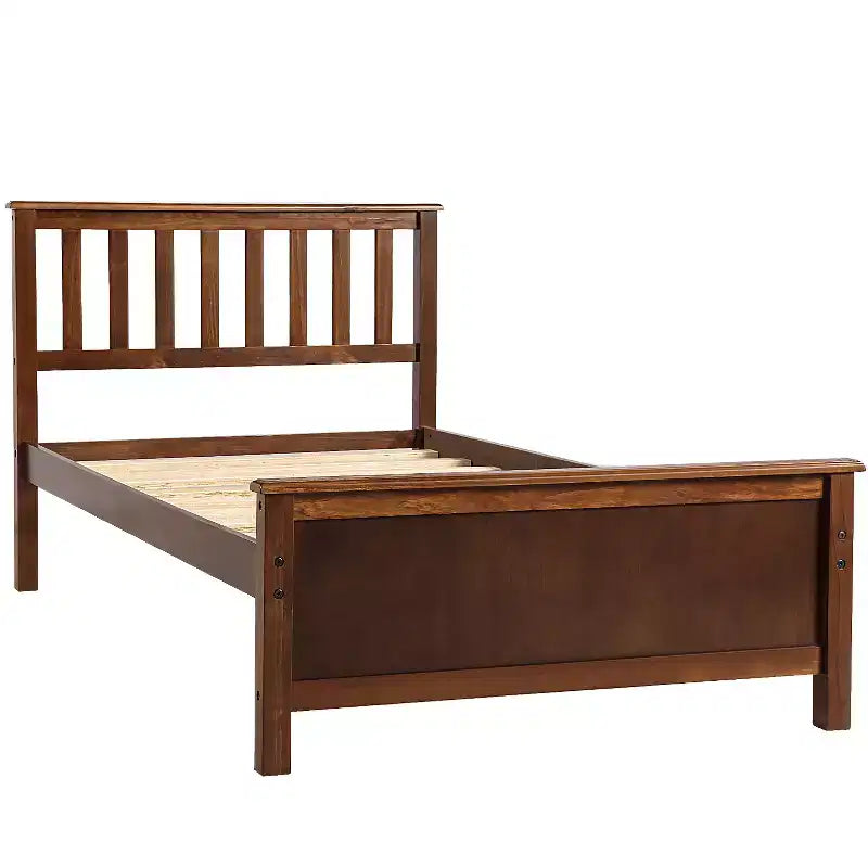 Lit plateforme en bois double avec tête de lit, pied de lit et support à lattes en bois, noyer