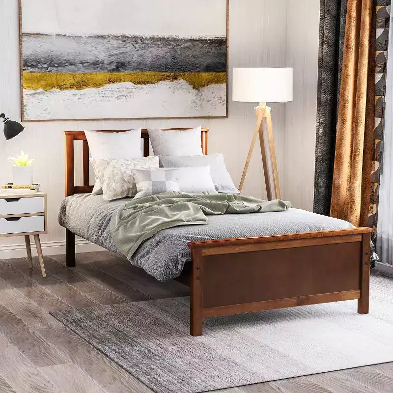 Twin Size Wood Platform Bed with Headboard, Footboard and Wood Slat Support, Walnut