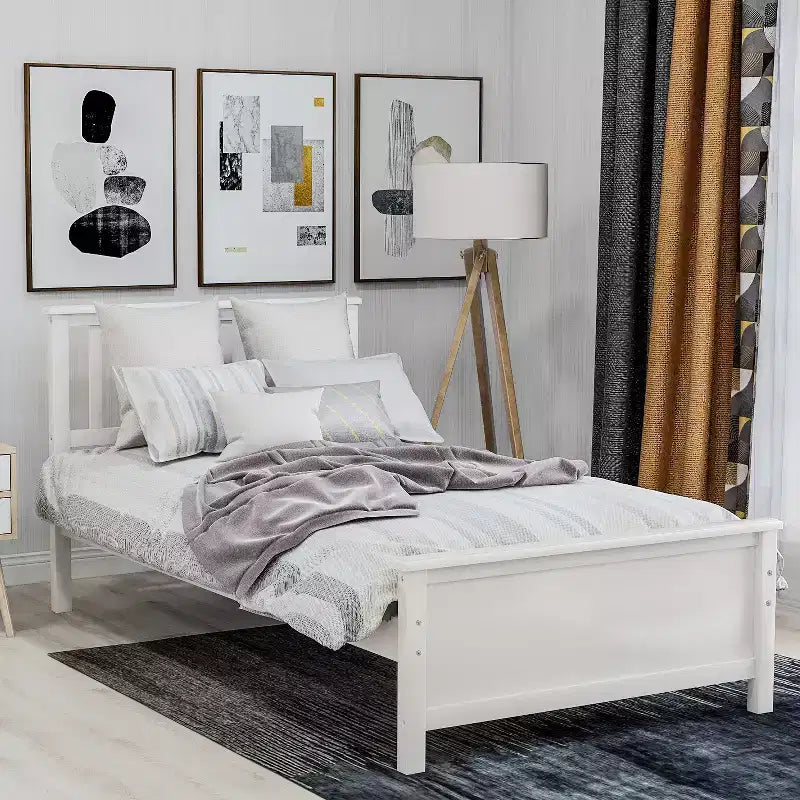 Lit plateforme en bois double avec tête de lit, pied de lit et support à lattes en bois, noyer