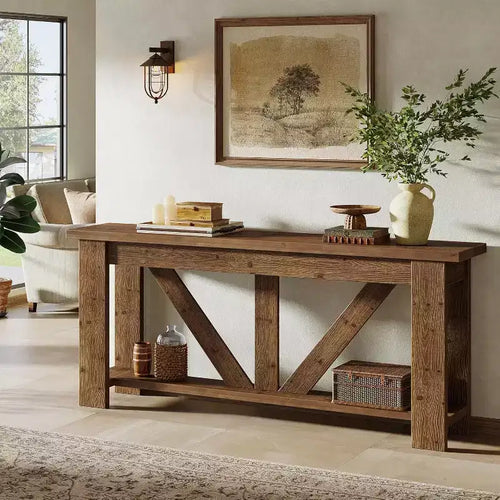 Lantine 2 Tiers Solid Wood Console Table, 70.9 Extra Long Entryway Table, Sofa Table Behind Couch for Living Room, Hallway, Foyer