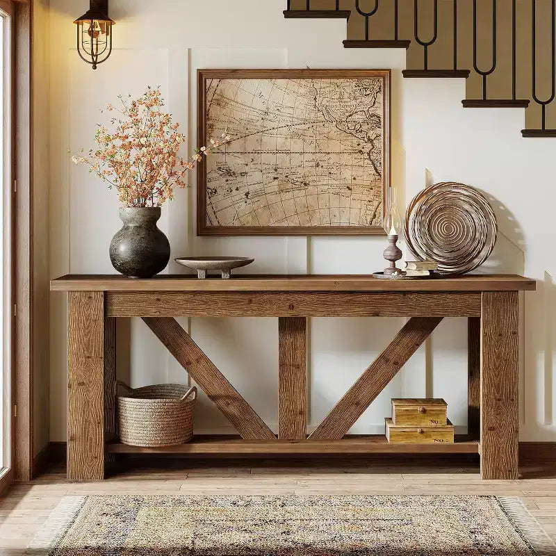 Console de 2 niveaux en bois massif, table d'entrée extra longue de 180 cm, table de canapé derrière le canapé pour le salon, le couloir, le vestibule