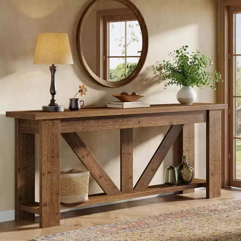 Console de 2 niveaux en bois massif, table d'entrée extra longue de 180 cm, table de canapé derrière le canapé pour le salon, le couloir, le vestibule