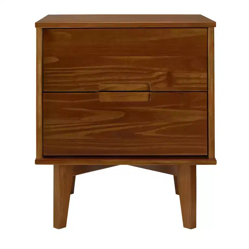 Table de chevet Mid-Century Moderne en bois massif à 2 tiroirs avec poignées découpées – Noyer