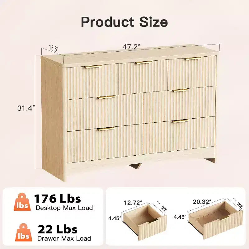 Commode à 7 tiroirs, commode moderne en bois, commode à bords arrondis, commode meuble TV, organiseur de tiroirs en bois pour chambre à coucher, salon