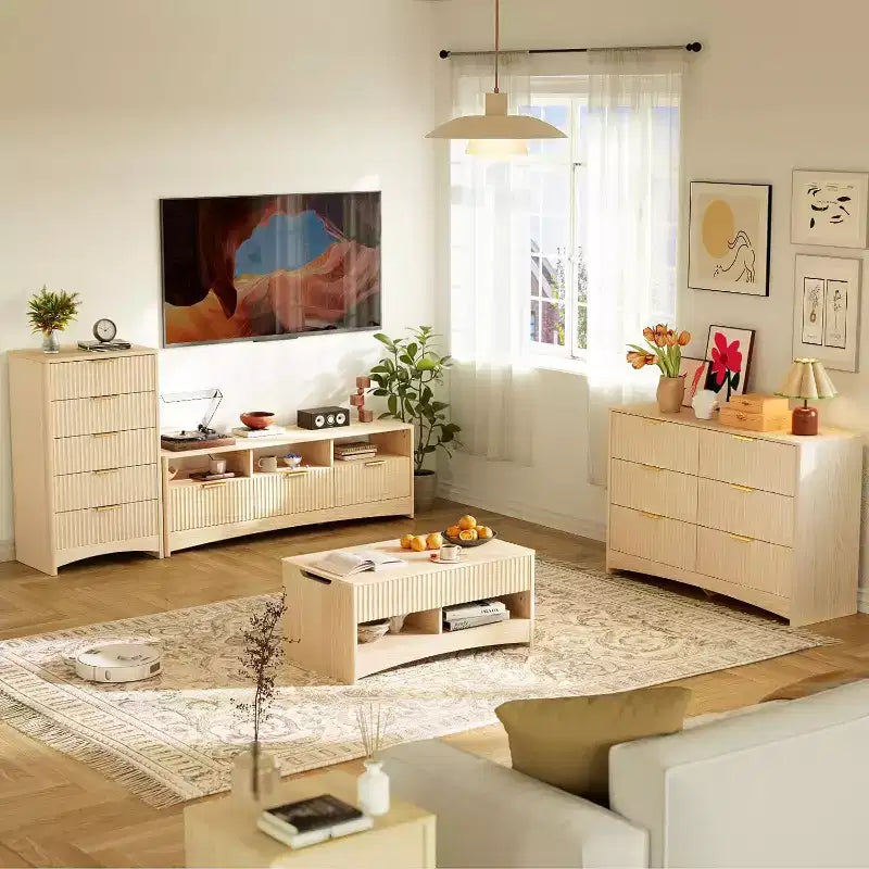 Commode à 7 tiroirs, commode moderne en bois, commode à bords arrondis, commode meuble TV, organiseur de tiroirs en bois pour chambre à coucher, salon