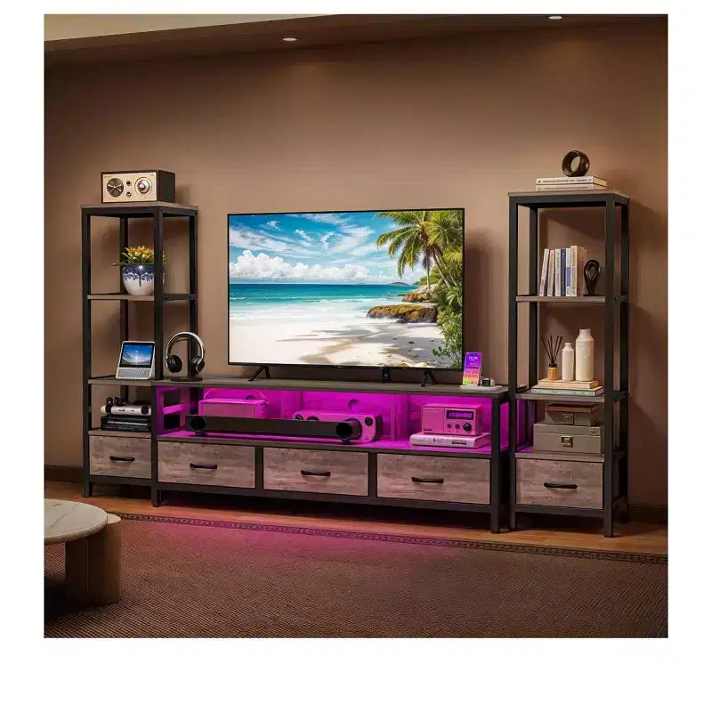 Meuble TV LED pour téléviseur de 65 pouces, meuble de rangement avec étagères à 4 niveaux et prises de courant, meuble console TV pour salon