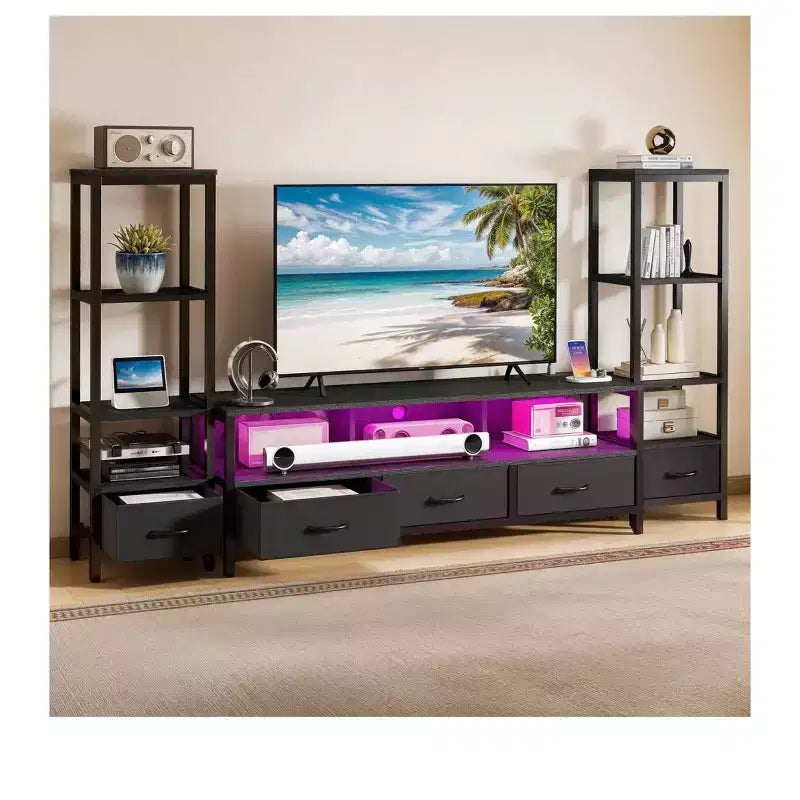 Meuble TV LED pour téléviseur de 65 pouces, meuble de rangement avec étagères à 4 niveaux et prises de courant, meuble console TV pour salon