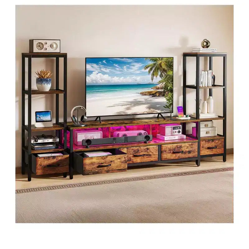 Meuble TV LED pour téléviseur de 65 pouces, meuble de rangement avec étagères à 4 niveaux et prises de courant, meuble console TV pour salon