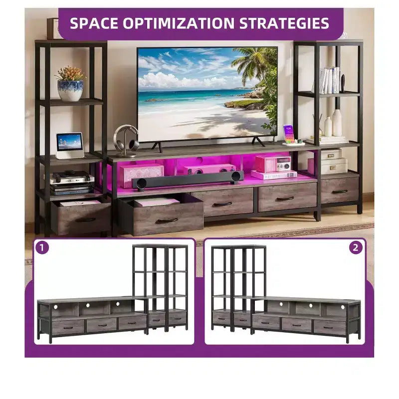 Meuble TV LED pour téléviseur de 65 pouces, meuble de rangement avec étagères à 4 niveaux et prises de courant, meuble console TV pour salon