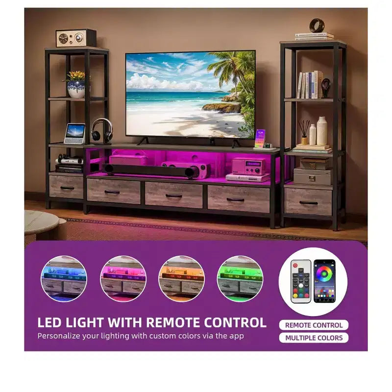 Meuble TV LED pour téléviseur de 65 pouces, meuble de rangement avec étagères à 4 niveaux et prises de courant, meuble console TV pour salon