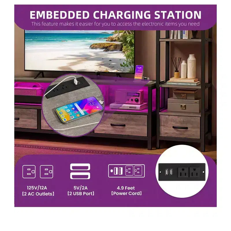 Meuble TV LED pour téléviseur de 65 pouces, meuble de rangement avec étagères à 4 niveaux et prises de courant, meuble console TV pour salon