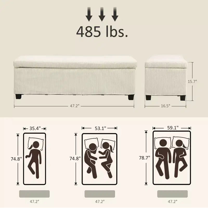 Banc ottoman de rangement de 119,4 cm, repose-pieds avec pieds, bout de lit, coffre de rangement en velours côtelé pour salon
