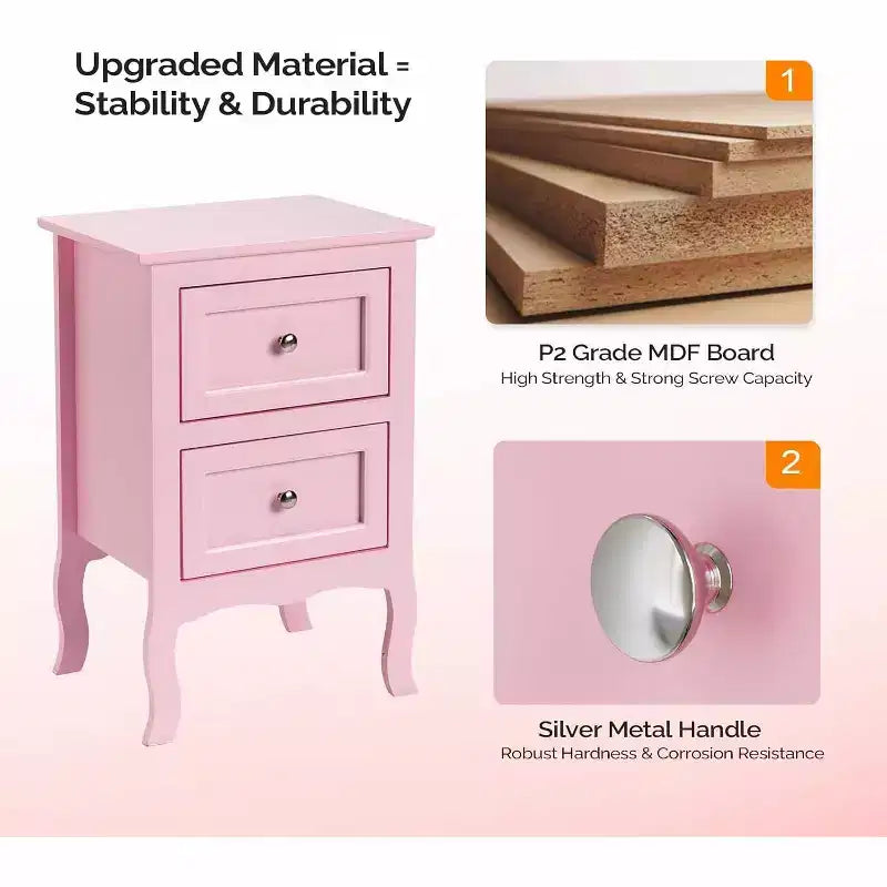 Table de chevet, tables de chevet avec 2 tiroirs, table de chevet/table de nuit, table de chevet rose