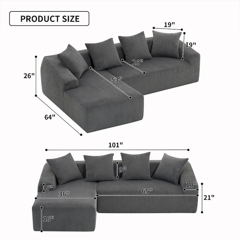 101.6 Corduroy L-Shaped Sectional Sofa with Chaise Lounge and 4 Pillows