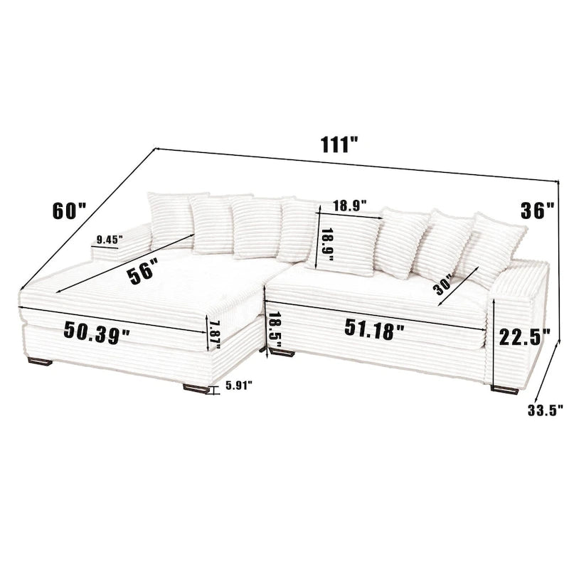 111 Corduroy L-Shaped Sectional Sofa with Oversized Left Chaise