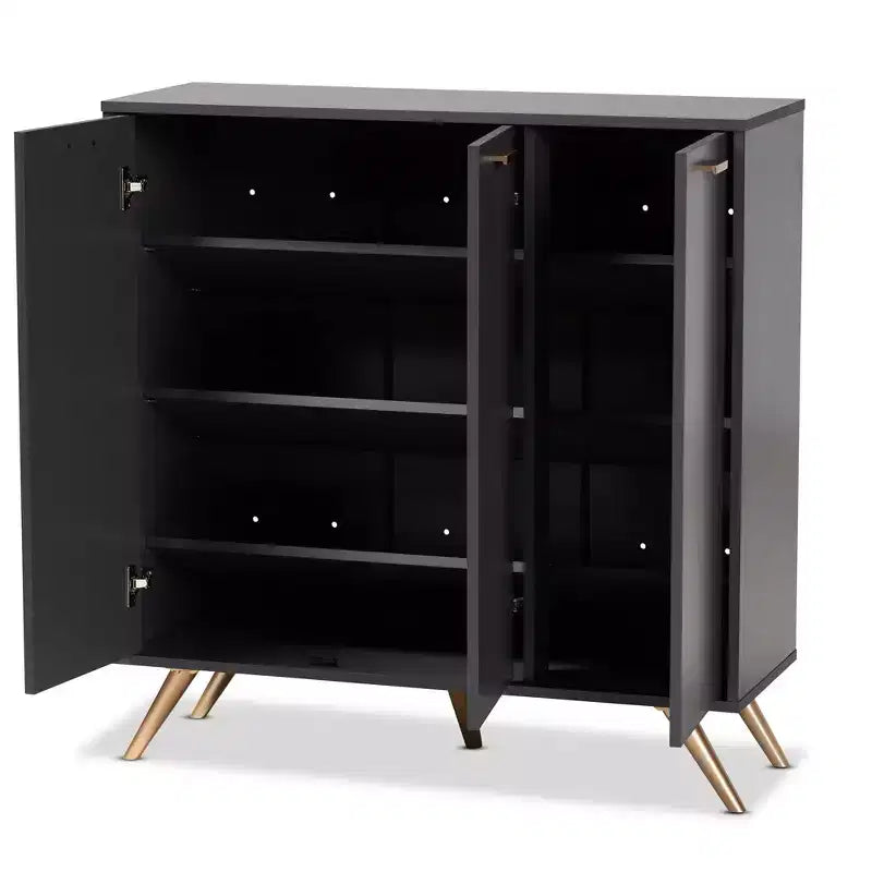 Meuble de rangement 3 portes gris foncé/doré pour entrée avec 4 étagères