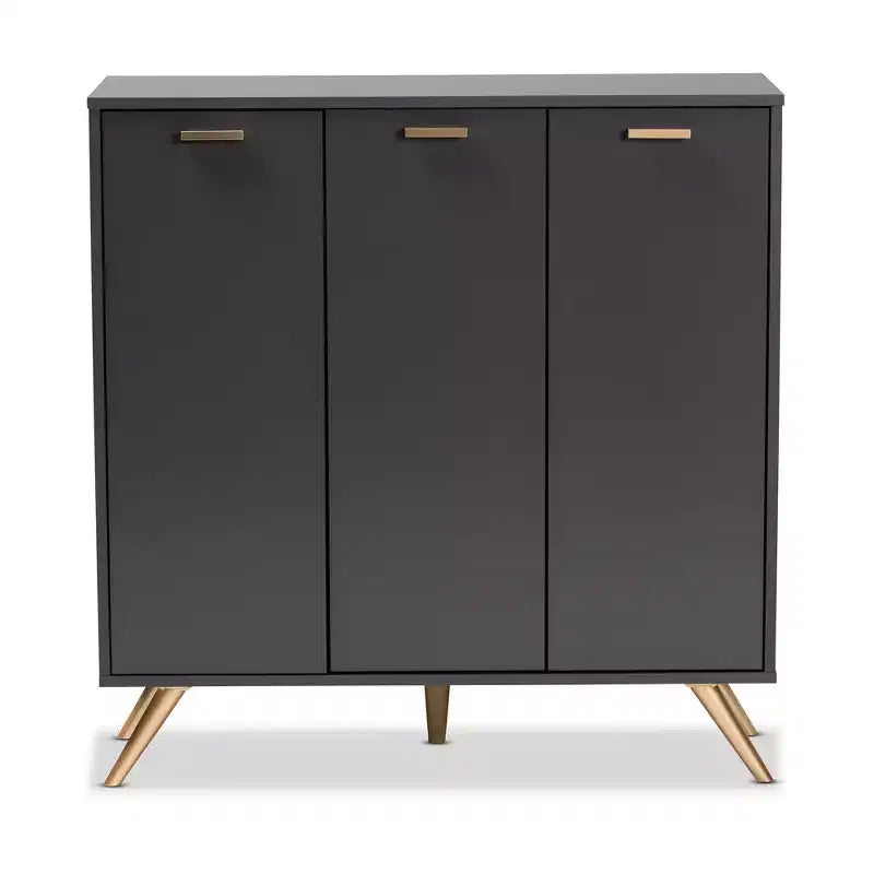 Meuble de rangement 3 portes gris foncé/doré pour entrée avec 4 étagères