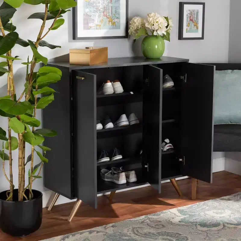 Meuble de rangement 3 portes gris foncé/doré pour entrée avec 4 étagères