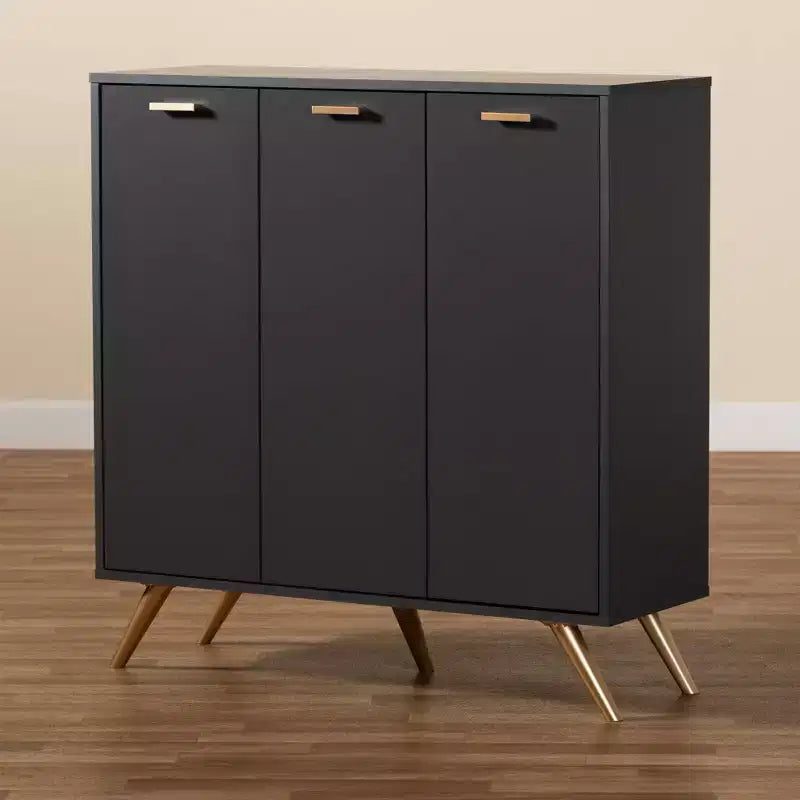 Meuble de rangement 3 portes gris foncé/doré pour entrée avec 4 étagères