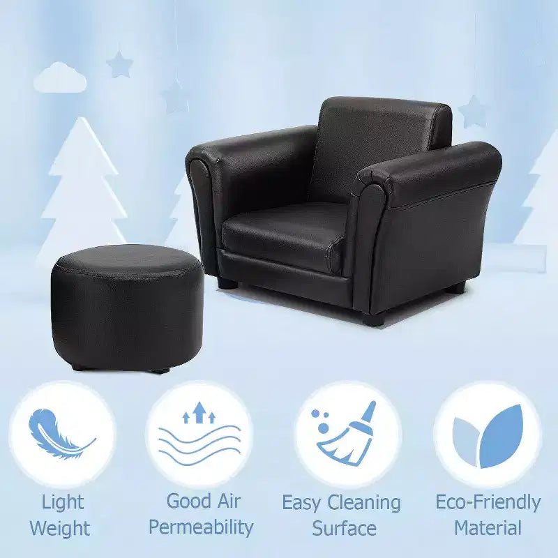 Canapé fauteuil pour enfants avec accoudoirs, cadeau d'anniversaire pour bébé et tout-petit avec pouf, noir