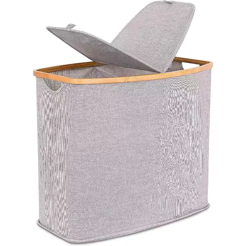 BirdRock Home Divided Bamboo & Canvas Hamper - Grey