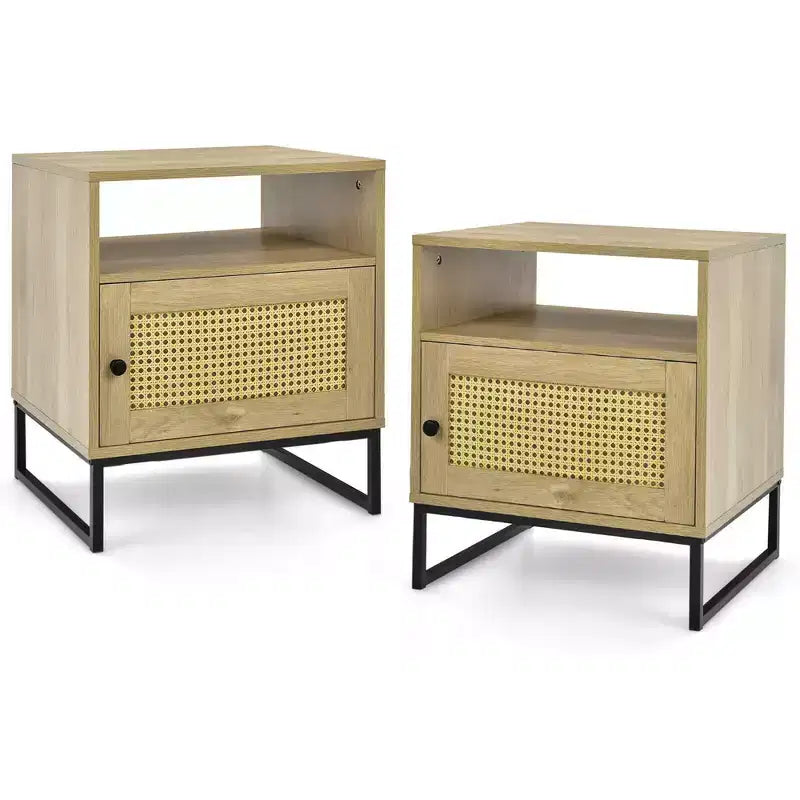 Costway 2PCS Nightstand w/ Cabinet Wooden Side End Table Rattan Decorated Door Oak