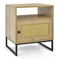 Table de chevet avec meuble, table d'appoint en bois, porte décorée en rotin, chêne