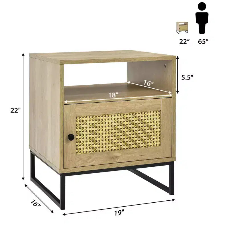 Table de chevet avec meuble, table d'appoint en bois, porte décorée en rotin, chêne
