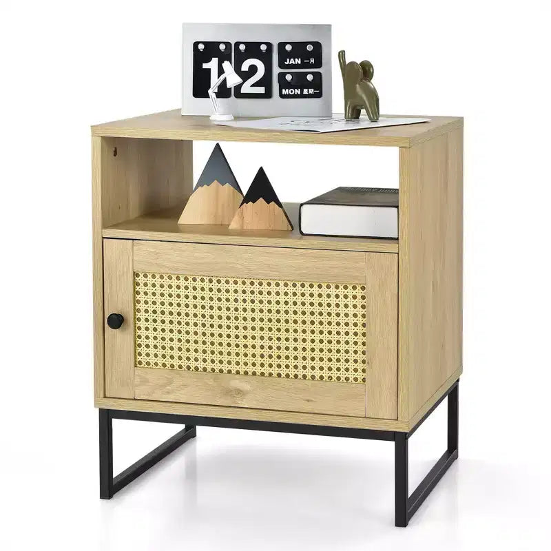 Table de chevet avec meuble, table d'appoint en bois, porte décorée en rotin, chêne