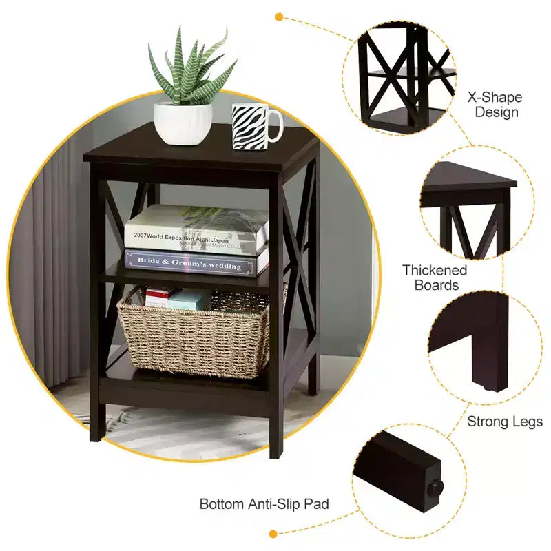 Table de chevet à 3 niveaux PCS, table d'appoint, étagère de rangement et de présentation design en X pour salon