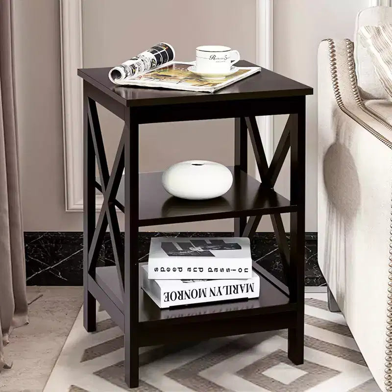 Table de chevet à 3 niveaux PCS, table d'appoint, étagère de rangement et de présentation design en X pour salon