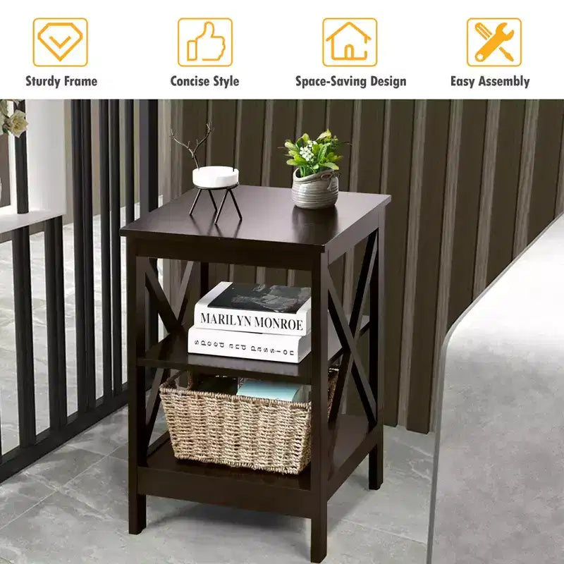 Table de chevet à 3 niveaux PCS, table d'appoint, étagère de rangement et de présentation design en X pour salon