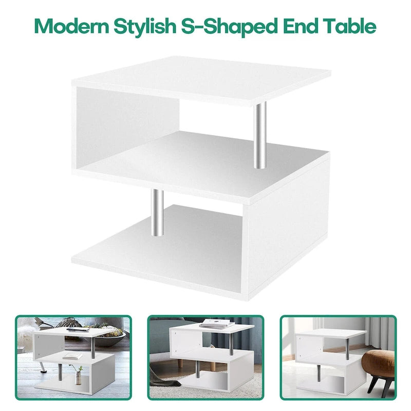 3 Tier S-Shaped End Table Coffee Table with Storage Shelf - 20.7H x 17.3W x 14.9D