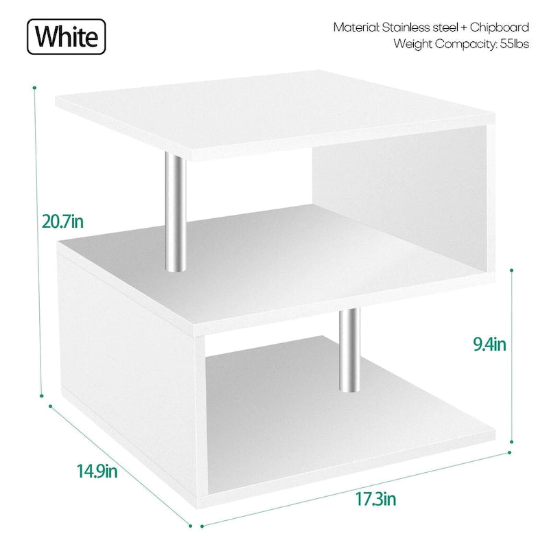 3 Tier S-Shaped End Table Coffee Table with Storage Shelf - 20.7H x 17.3W x 14.9D