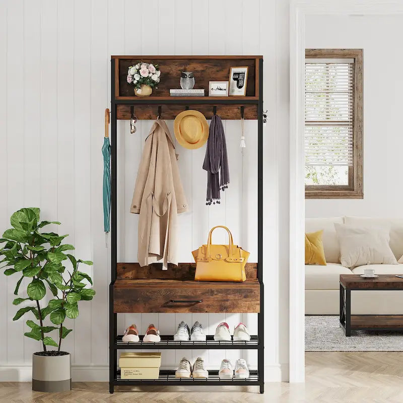 3-in-1 Rustic Brown Industrial Hall Tree with Shoe Bench and Hutch