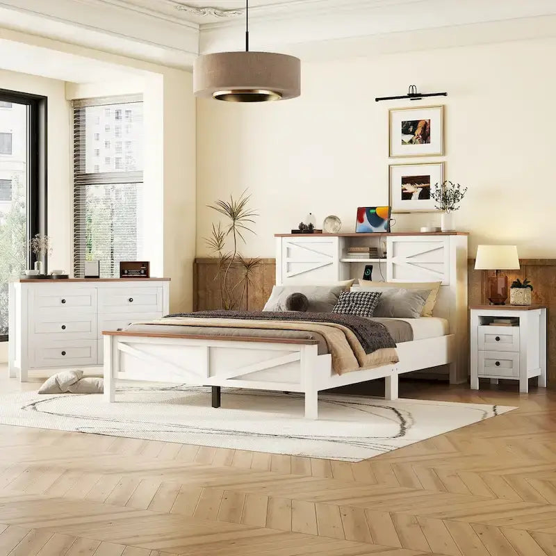 3-Pieces Bedroom Sets Farmhouse Platform Bed with Nightstand and Dresser
