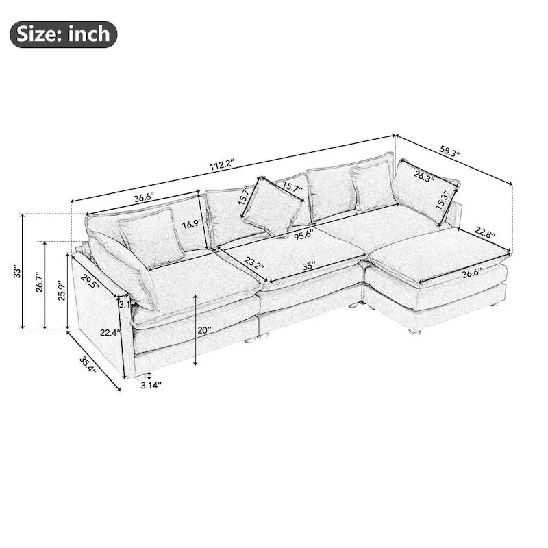 112.2 L-Shape Chenille Upholstered Sofa for Living Room Modern Luxury Sofa Couch with Ottoman