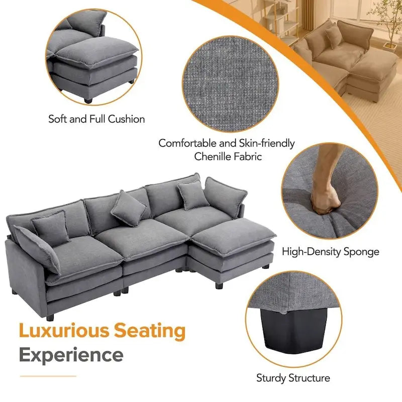 112.2 L-Shape Chenille Upholstered Sofa for Living Room Modern Luxury Sofa Couch with Ottoman