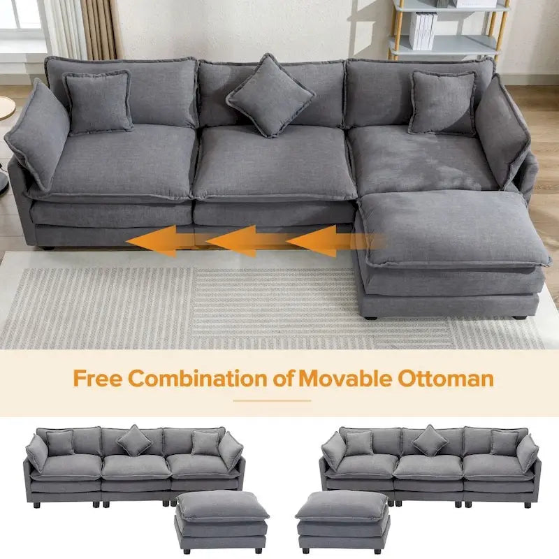 112.2 L-Shape Chenille Upholstered Sofa for Living Room Modern Luxury Sofa Couch with Ottoman