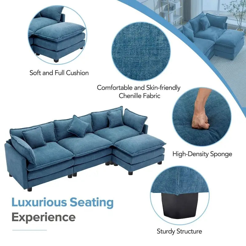 112.2 L-Shape Chenille Upholstered Sofa for Living Room Modern Luxury Sofa Couch with Ottoman