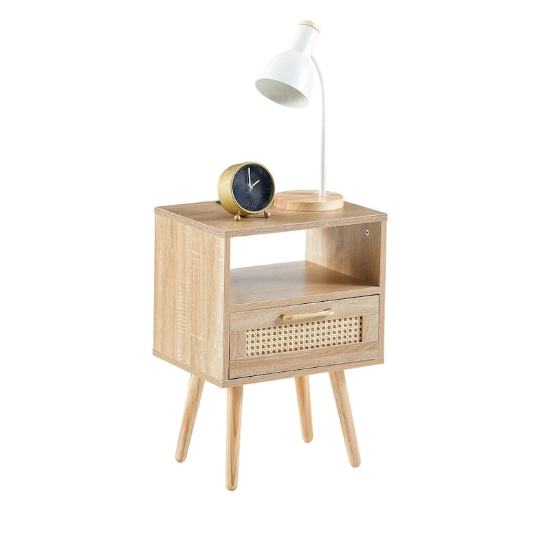 15.75Rattan End table with Power Outlet &USB PortsModern nightstand with drawer and solid wood legs,side table for living room