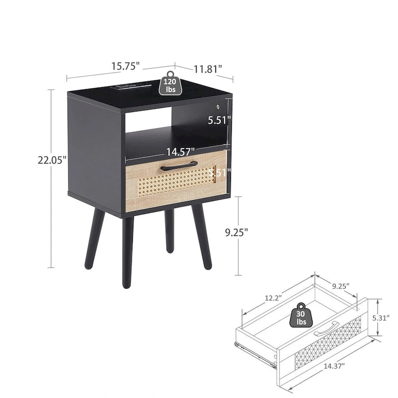 15.75Rattan End table with Power Outlet &USB PortsModern nightstand with drawer and solid wood legs,side table for living room
